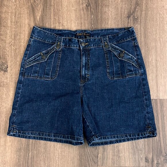 Kikit Denim Boyfriend Dark Wash Button Flap Square Pocket Sailor Shorts Sz 14 - Picture 1 of 9